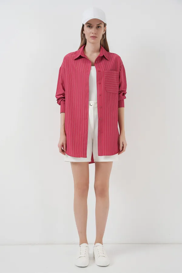 20217 Cep Detaylı Çizgili Oversize Gömlek - Kırmızı