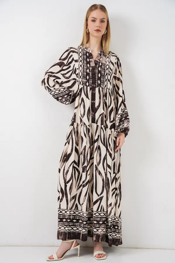 Kadın Desenli Uzun Tesettür Elbise 2585 - K. Taba