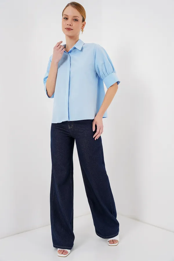 Kadın Kısa Kol Gömlek 20312 - Mavi