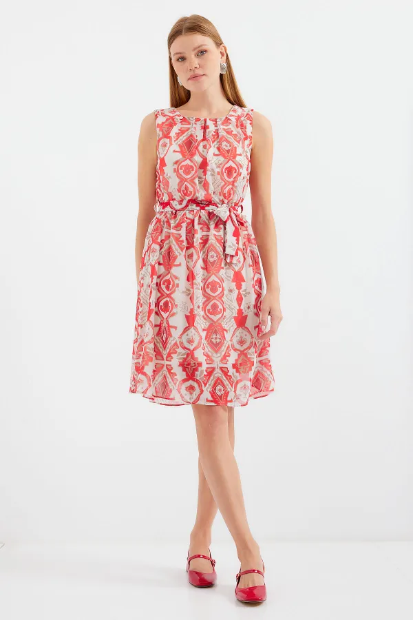 Robe en mousseline à manches zéro et à motifs 2501 - Rouge