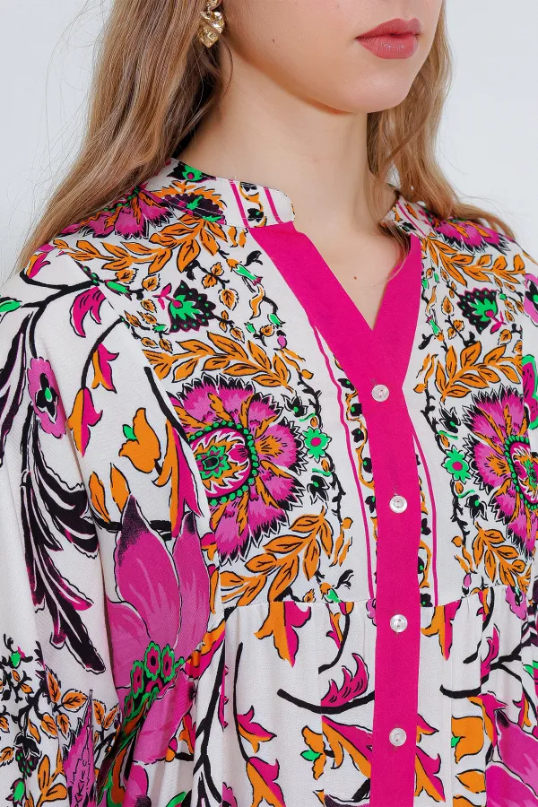 Robe hijab en viscose à motifs crème fuchsia pour femme 2423