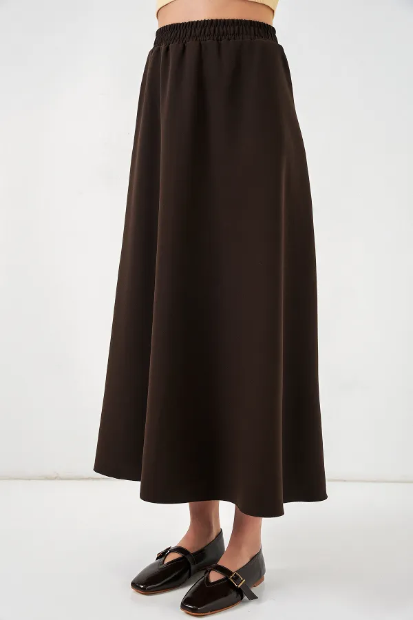 Kadın Beli Lastikli Uzun Etek 8072 - Kahverengi