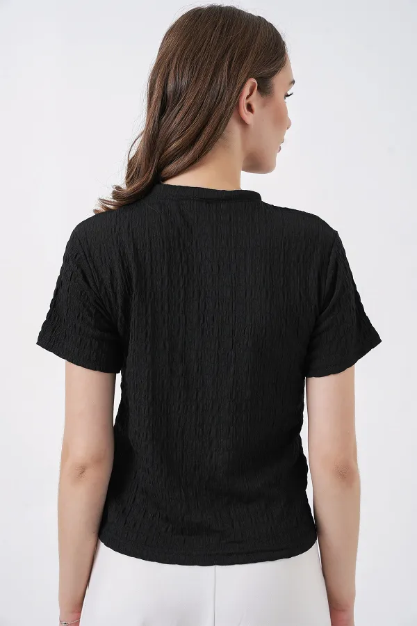 Kadın Kısa Kol Fularlı Örme Bluz 981 - Siyah