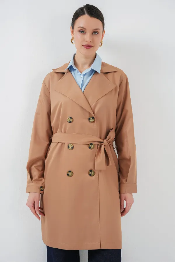 5864 Kruvaze Yaka Kısa Trençkot - Taba