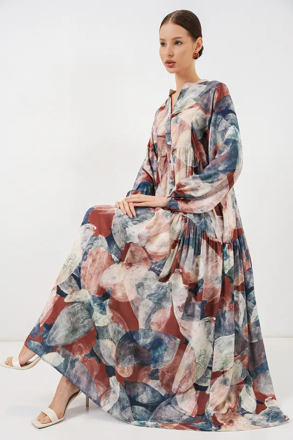 Kadın Desenli Uzun Tesettür Elbise 2585 - A. Kiremit