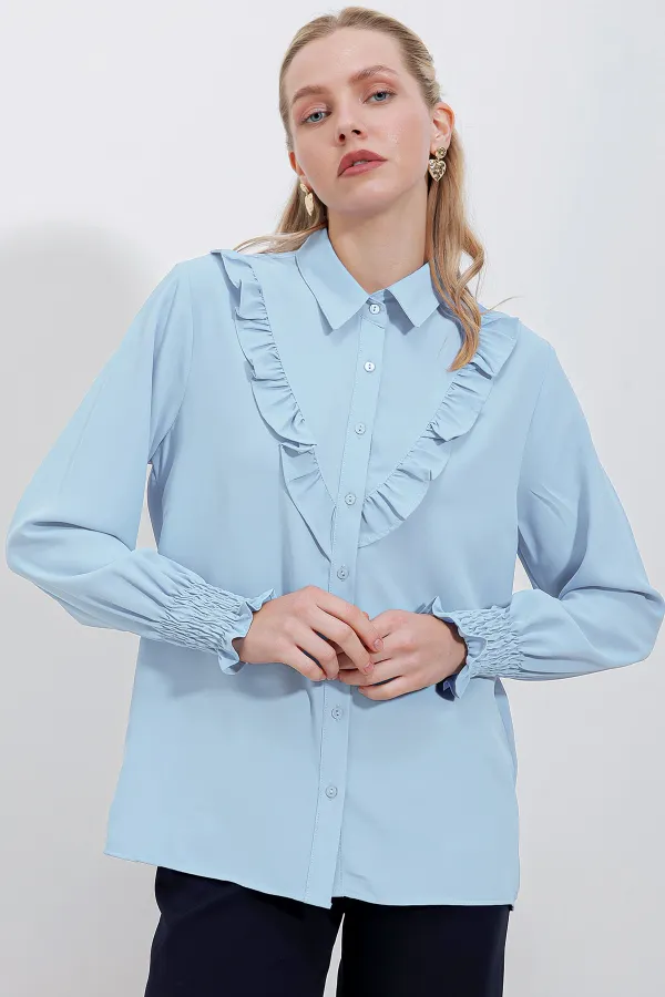 Chemise à manches longues à volants 20223 - Bleue