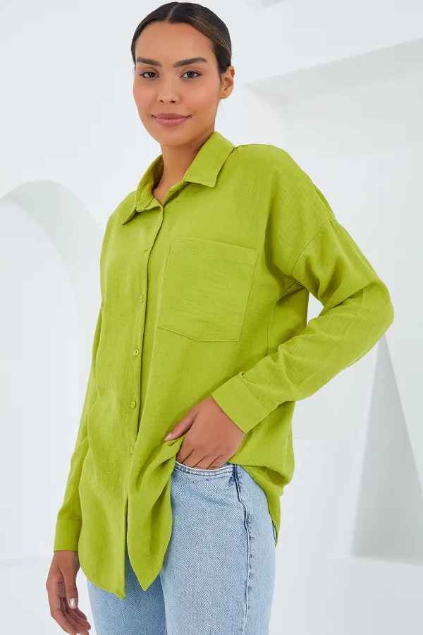 Chemise oversize en lin à poche unique 20153 - Vert pétrole