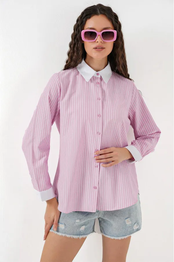 Kadın Çizgili Gömlek 20288 - Pembe