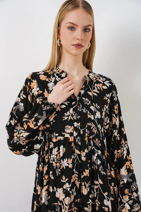 Women's Patterned Long Hijab Dress 2585 - V. Black