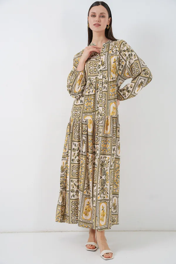 Kadın Desenli Uzun Tesettür Elbise 2585 - A.Hardal