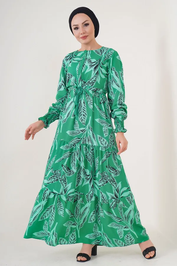 2145 Desenli Tesettür Elbise - Yeşil