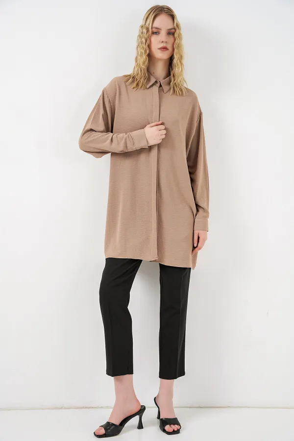 Women's Long Shirt Tunic 5945 - Stone Women's Long Shirt Tunic 5945 - Stone