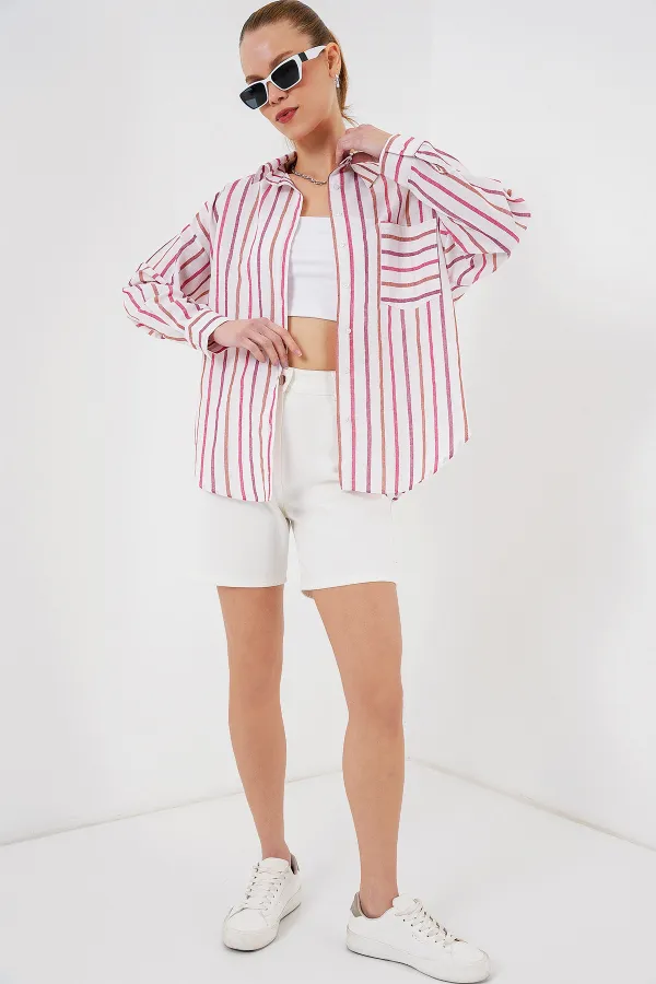 Kadın Çizgili Oversize Gömlek 20278 - Kırmızı