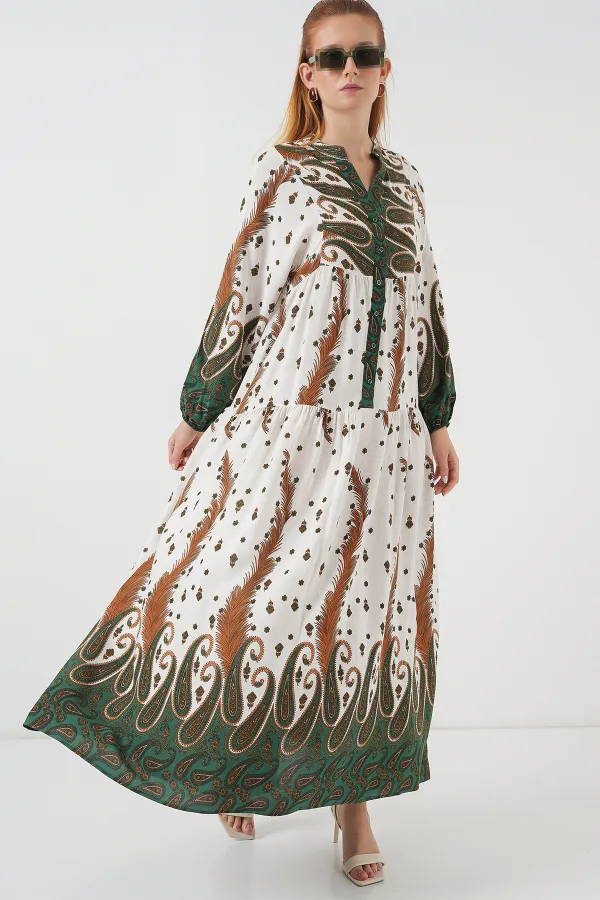 Kadın Desenli Uzun Tesettür Elbise 2585 - Hardal