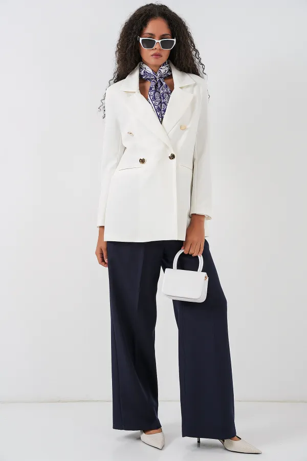 Kadın Kruvaze Yaka Blazer Ceket 0722 - Beyaz