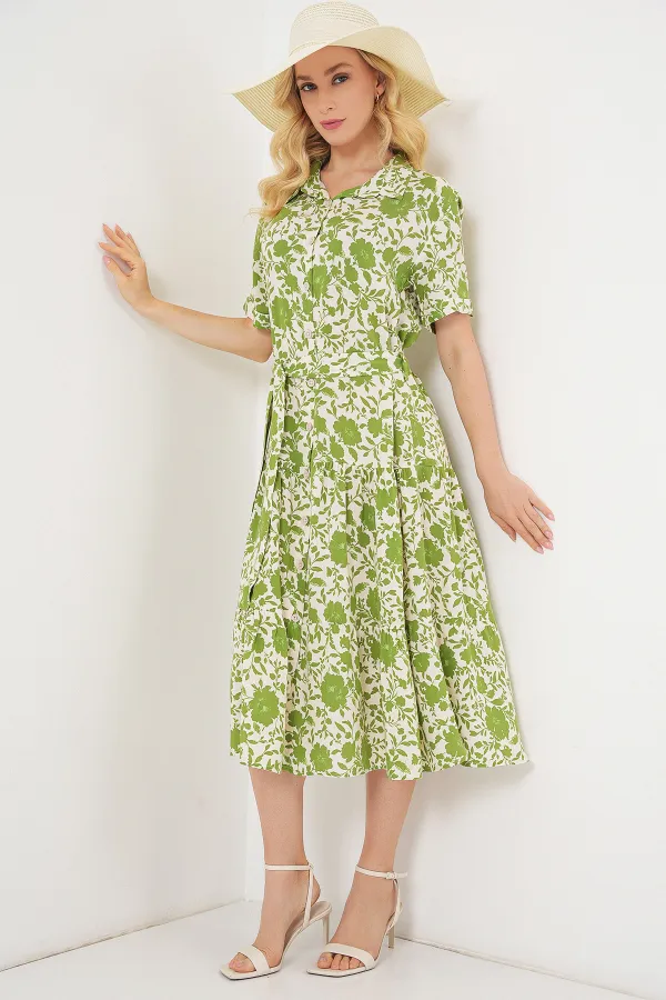 Kadın Kısa Kol Desenli Elbise 2560 - E.Yeşil