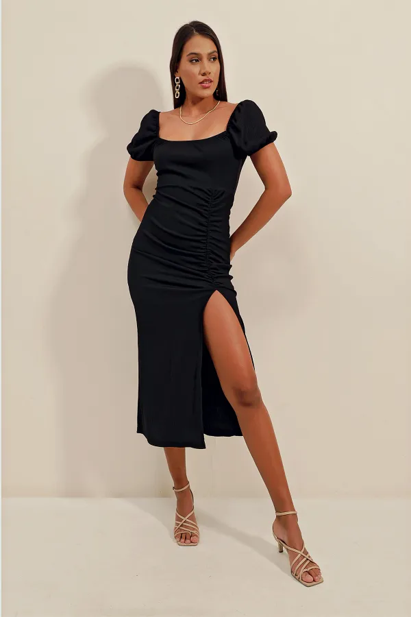 2396 Slit Summer Knitted Dress - Black