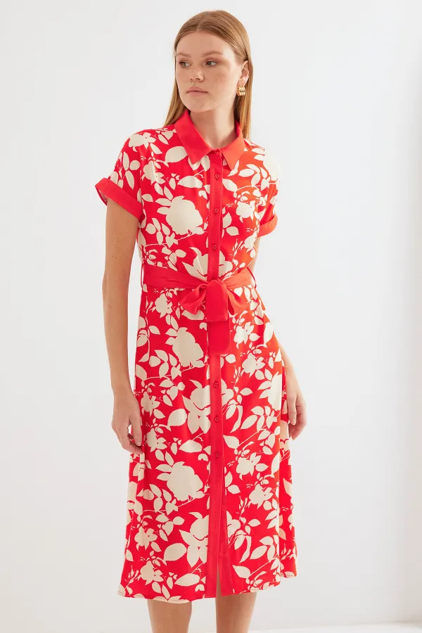 2455 Patterned Shirt Dress - Red