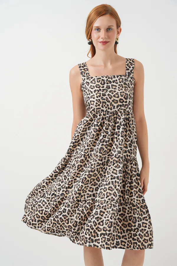 Kadın Desenli Askılı Midi Elbise 2577 - C. Kahverengi