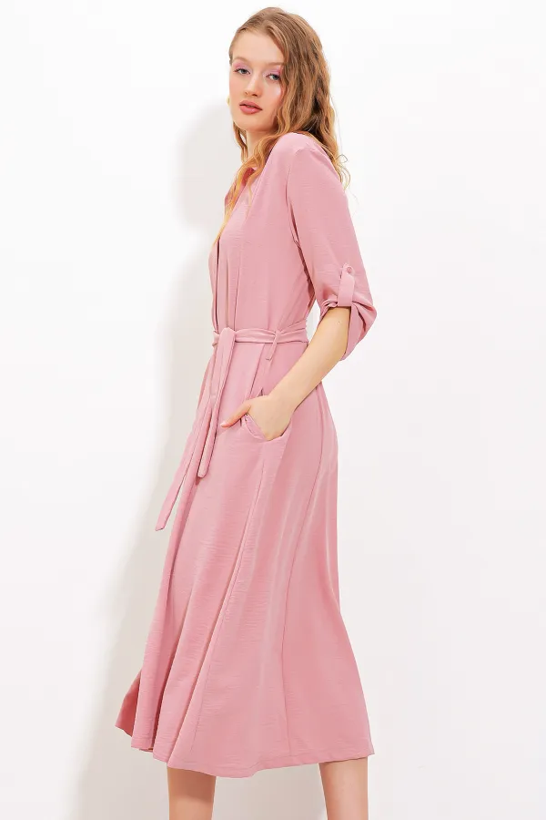 Robe-chemise ceinturée couleur poudre pour femme 2442