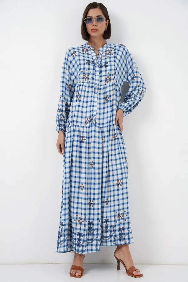 Robe longue hijab à motifs pour femme 2585 - Bleu clair