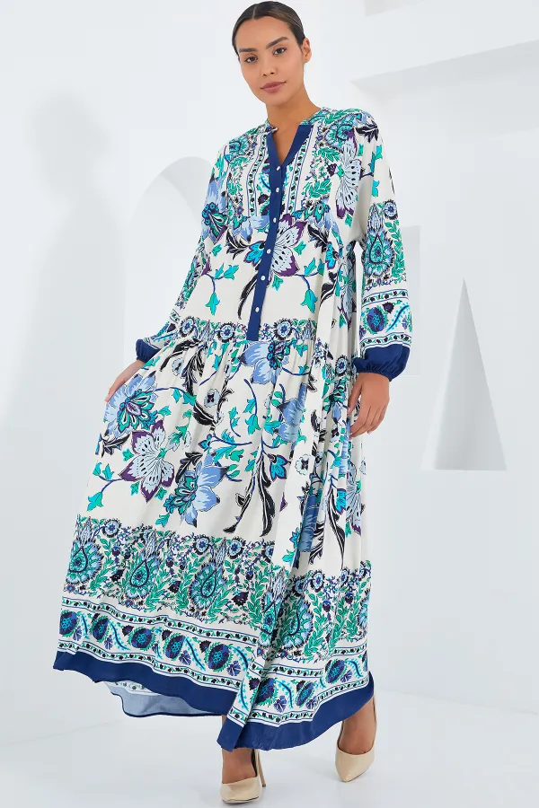 Robe hijab en viscose bleu marine et verte pour femme 2423