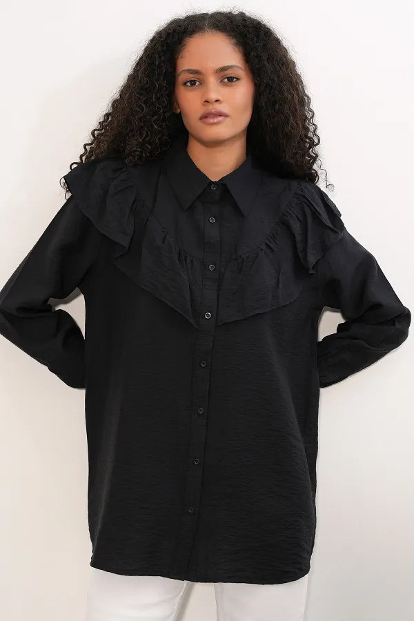 Women's Ruffle Detail Shirt Tunic 5994 - Black Women's Ruffle Detail Shirt Tunic 5994 - Black