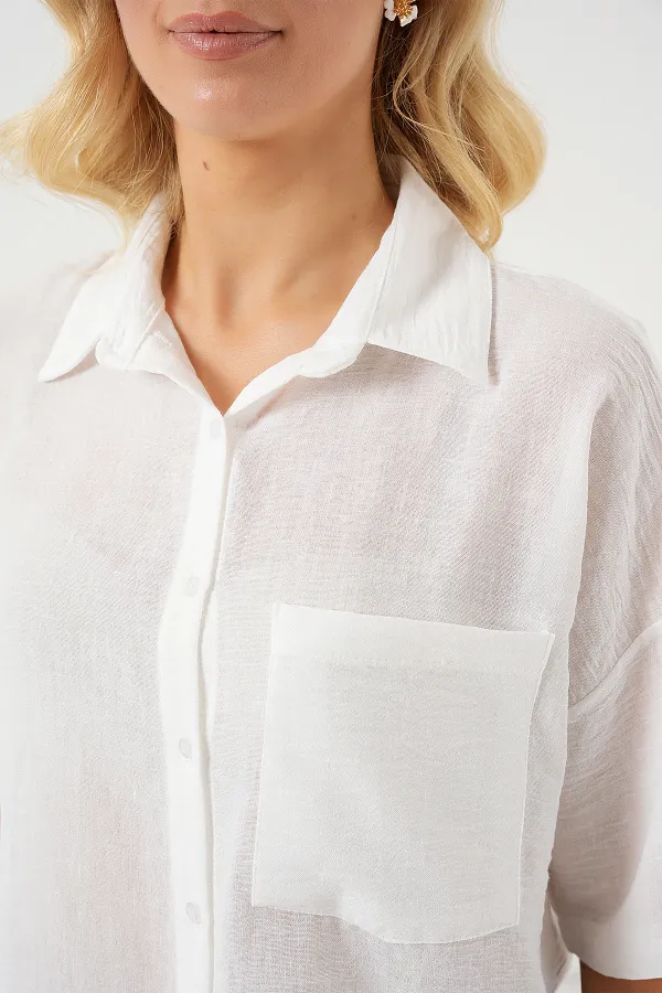 Chemise à manches courtes pour femme, aspect lin, réf. 20336 - Blanche