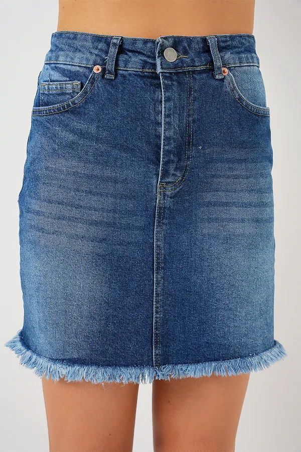 Women's Tassel Mini Denim Skirt 8051 - Navy Blue