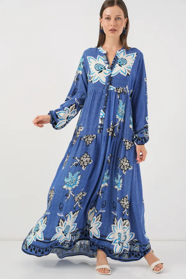 Robe longue hijab à motifs pour femme 2585 - Bleu foncé