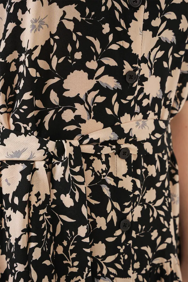 Kadın Kısa Kol Desenli Elbise 2560 - Siyah