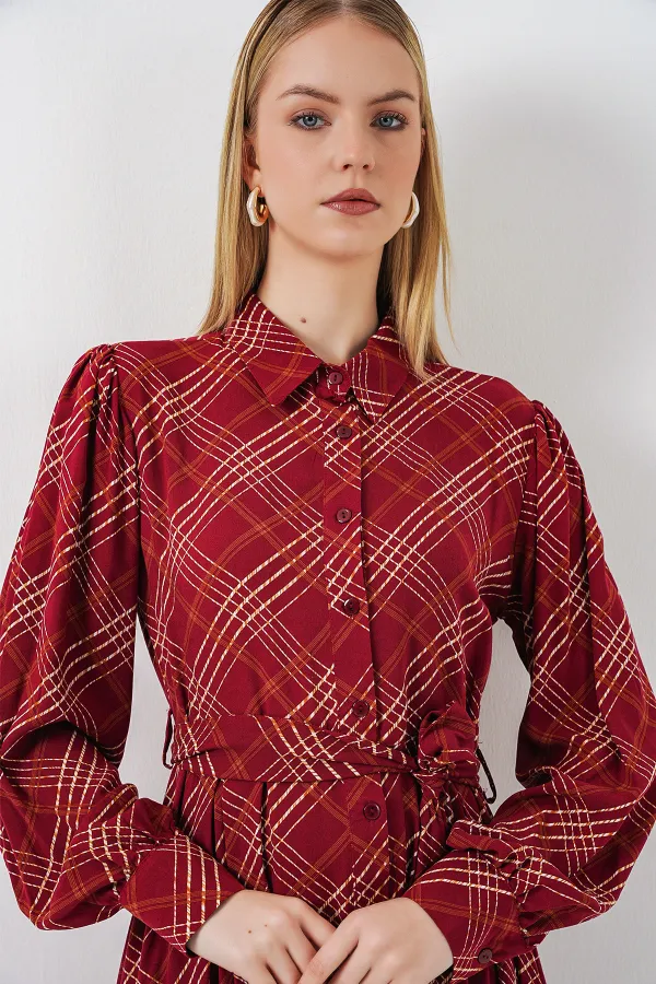 Kadın Boydan Düğmeli Uzun Tesettür Elbise 2588 - Bordo