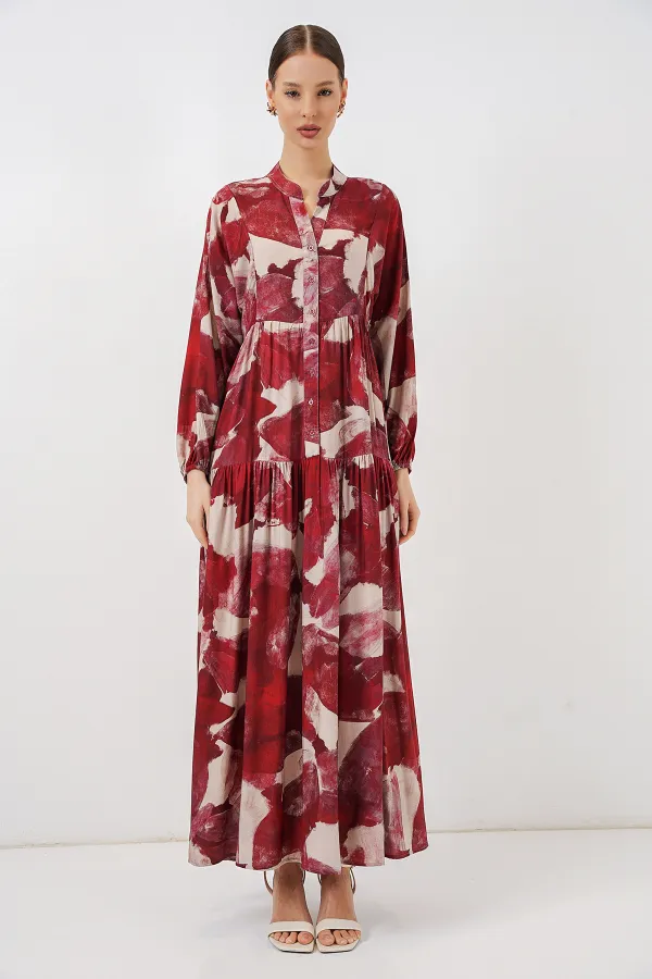 Kadın Desenli Uzun Tesettür Elbise 2585 - D. Bordo