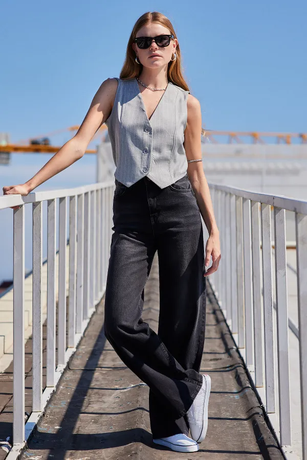 6794 Çizgili Dokuma Yelek - Gri