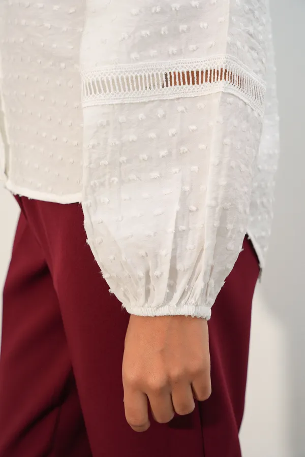 Kadın Oversize Desenli Gömlek 20379 - Beyaz Kadın Oversize Desenli Gömlek 20379 - Beyaz