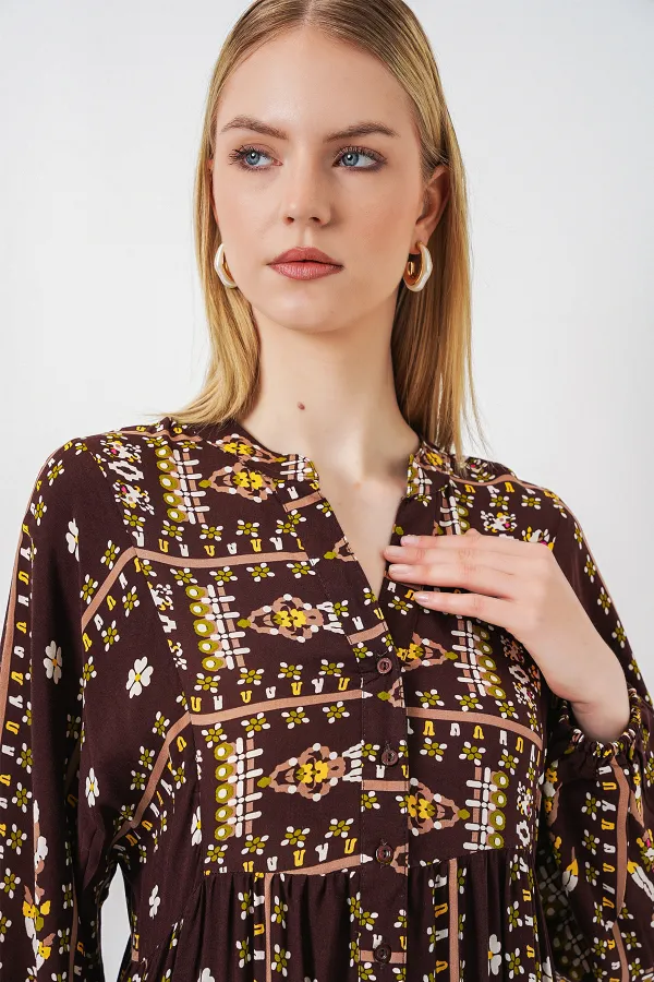 Kadın Desenli Uzun Tesettür Elbise 2585 - Düz Kahverengi