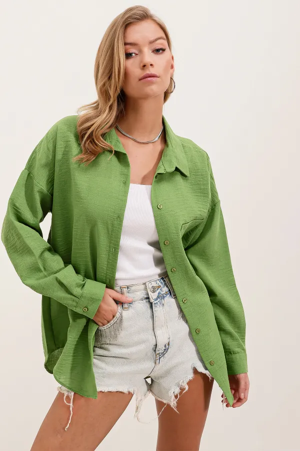Chemise oversize en lin à poche unique 20153 - Vert E.