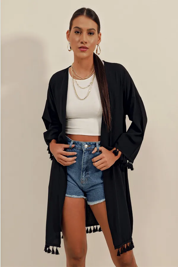 5833 Fırfırlı Kimono - Siyah