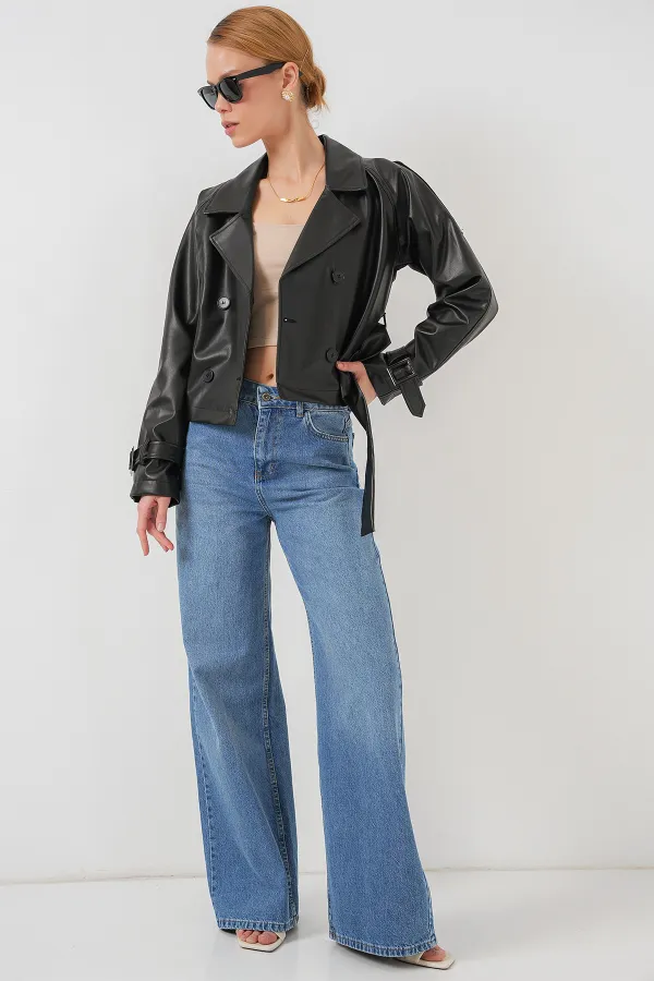 Kemerli Siyah Suni Deri Ceket 0698