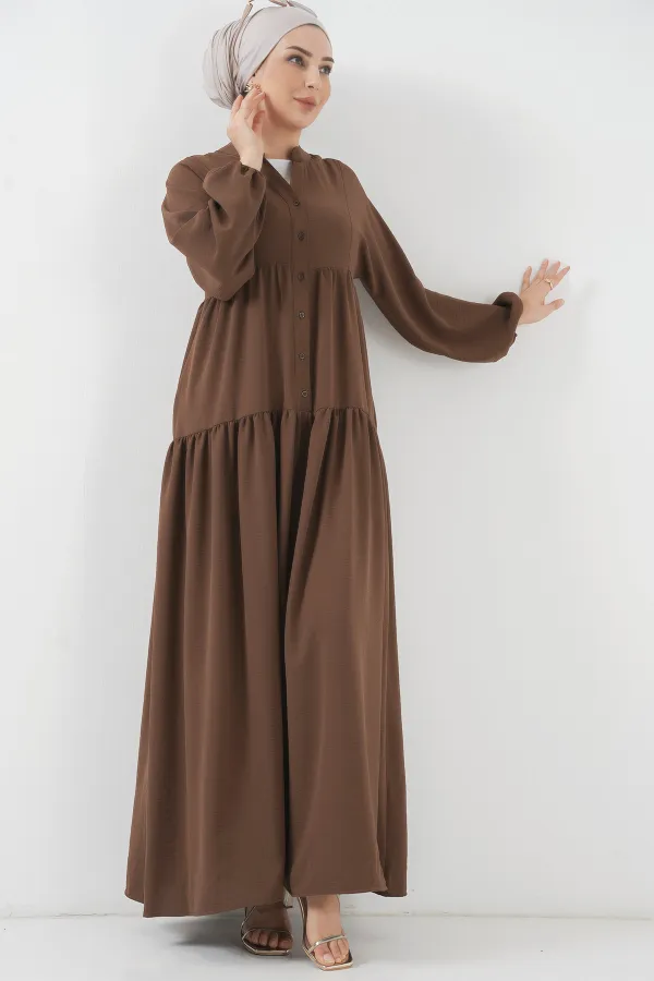 2527 Kadın Uzun Tesettür Elbise - Kahverengi