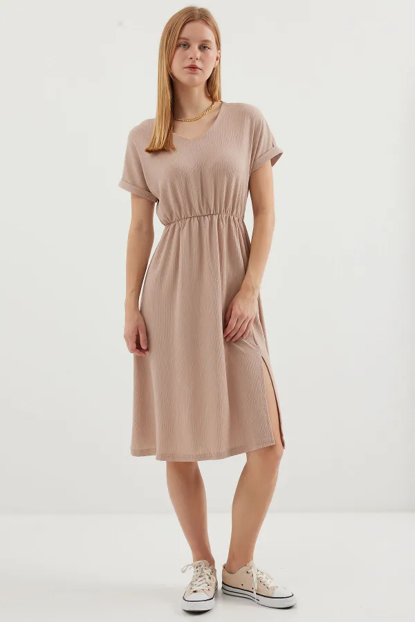 2378 V-Neck Slit Knit Dress - Biscuit 2378 V-Neck Slit Knit Dress - Biscuit