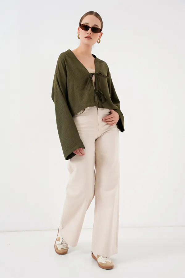 Tie-Front Linen Kimono 960 - Khaki