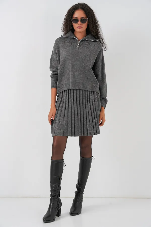 Ensemble deux pièces pull et jupe pour femme 15938 - Anthracite