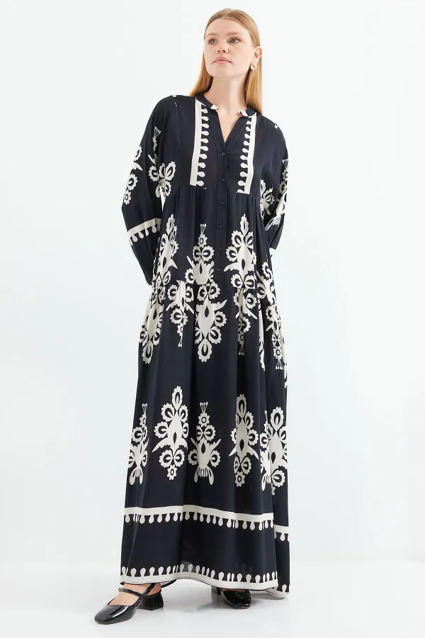 Robe hijab à motifs authentiques 2423 - Noire