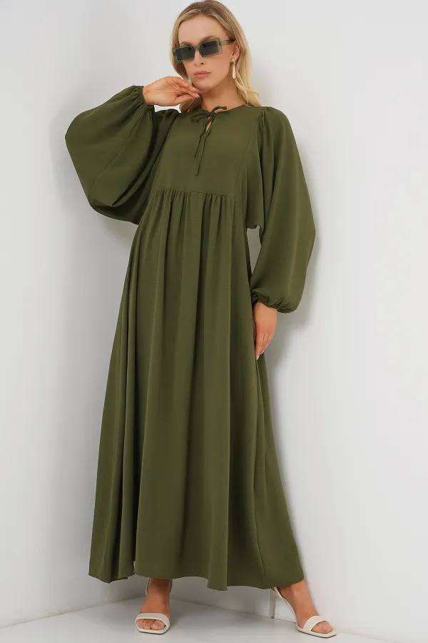 Women's Balloon Sleeve Long Hijab Dress 2464 - Khaki