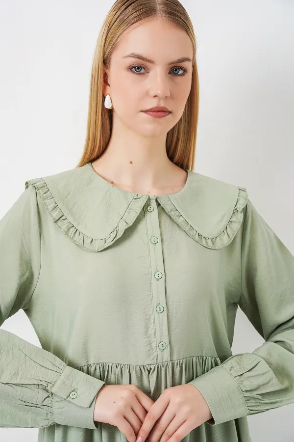 Kadın Bebe Yaka Uzun Tesettür Elbise 2592 - E.Yeşil