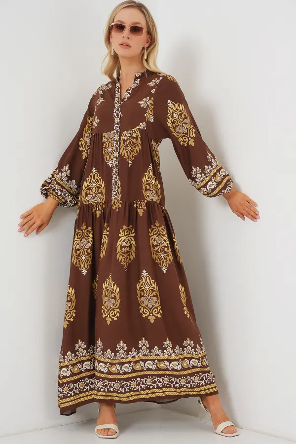 Robe hijab à motifs authentiques 2423 - Blanc - Marron