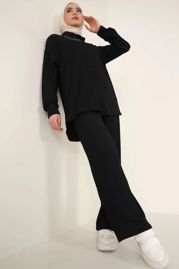 Ensemble deux pièces hijab tricoté T5858 - Noir