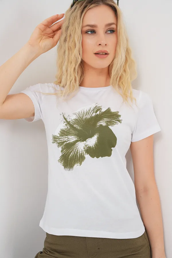 T-shirt basique imprimé pour femme 4349 - Kaki