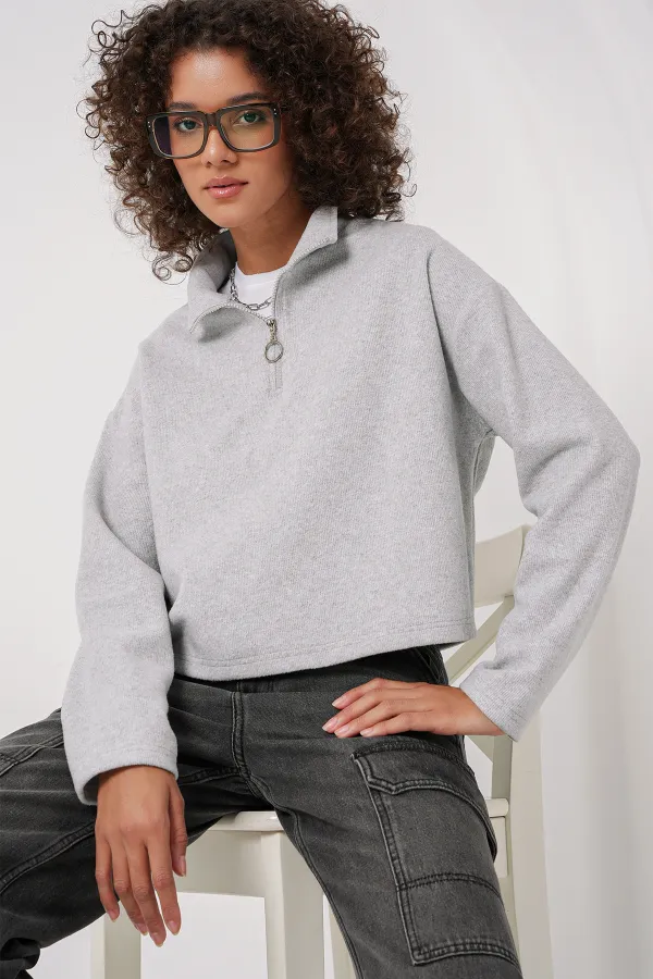 55449 Zippered Collar Knitted Sweatshirt - Gray